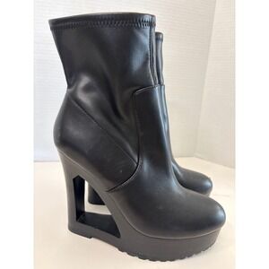 Aminah AAJ Black Cutout Wedge Platform Ankle Boots Lug Sole Women 7.5M
